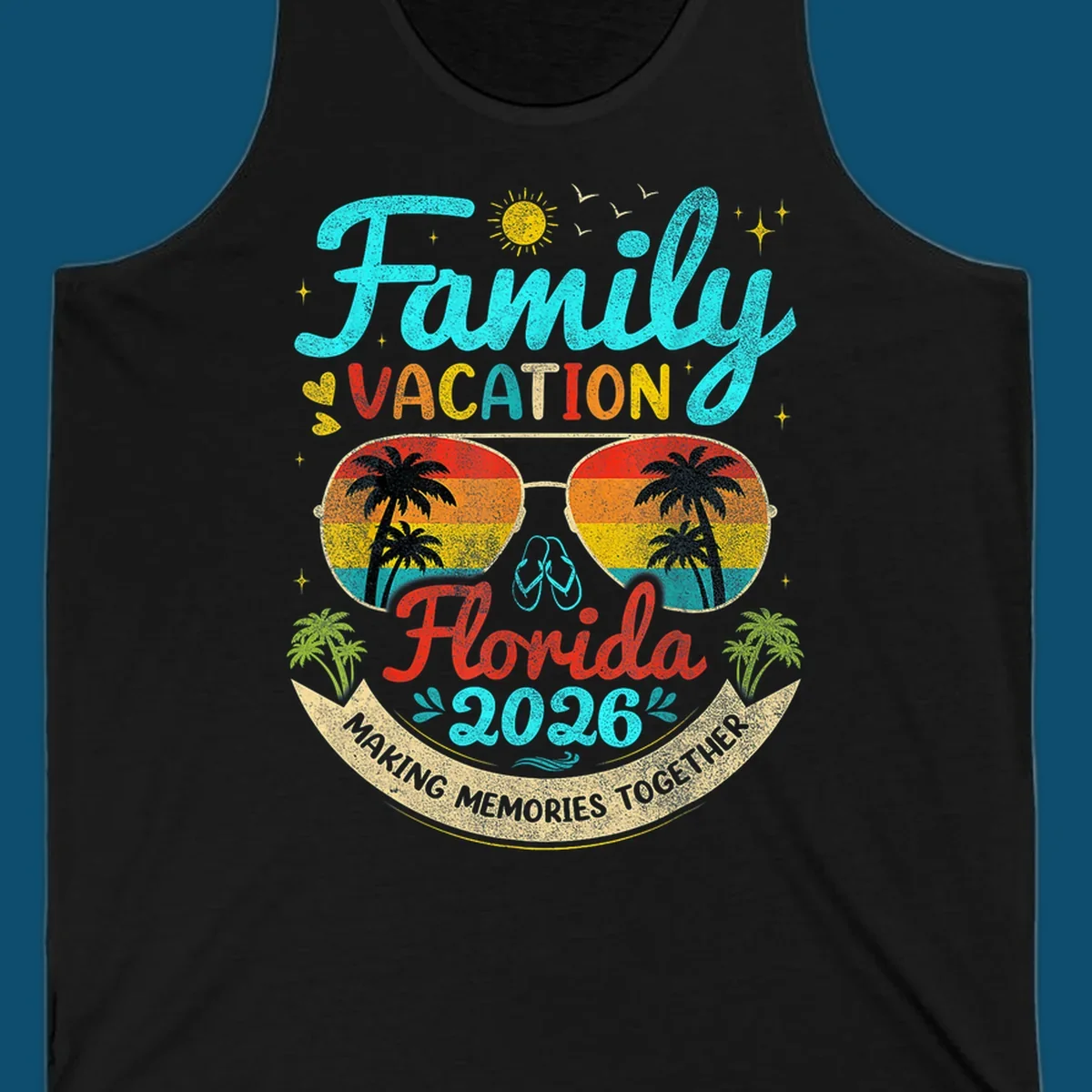 A vibrant family Florida vacation 2026 design featuring large text, sunglasses with palm trees, and a banner.