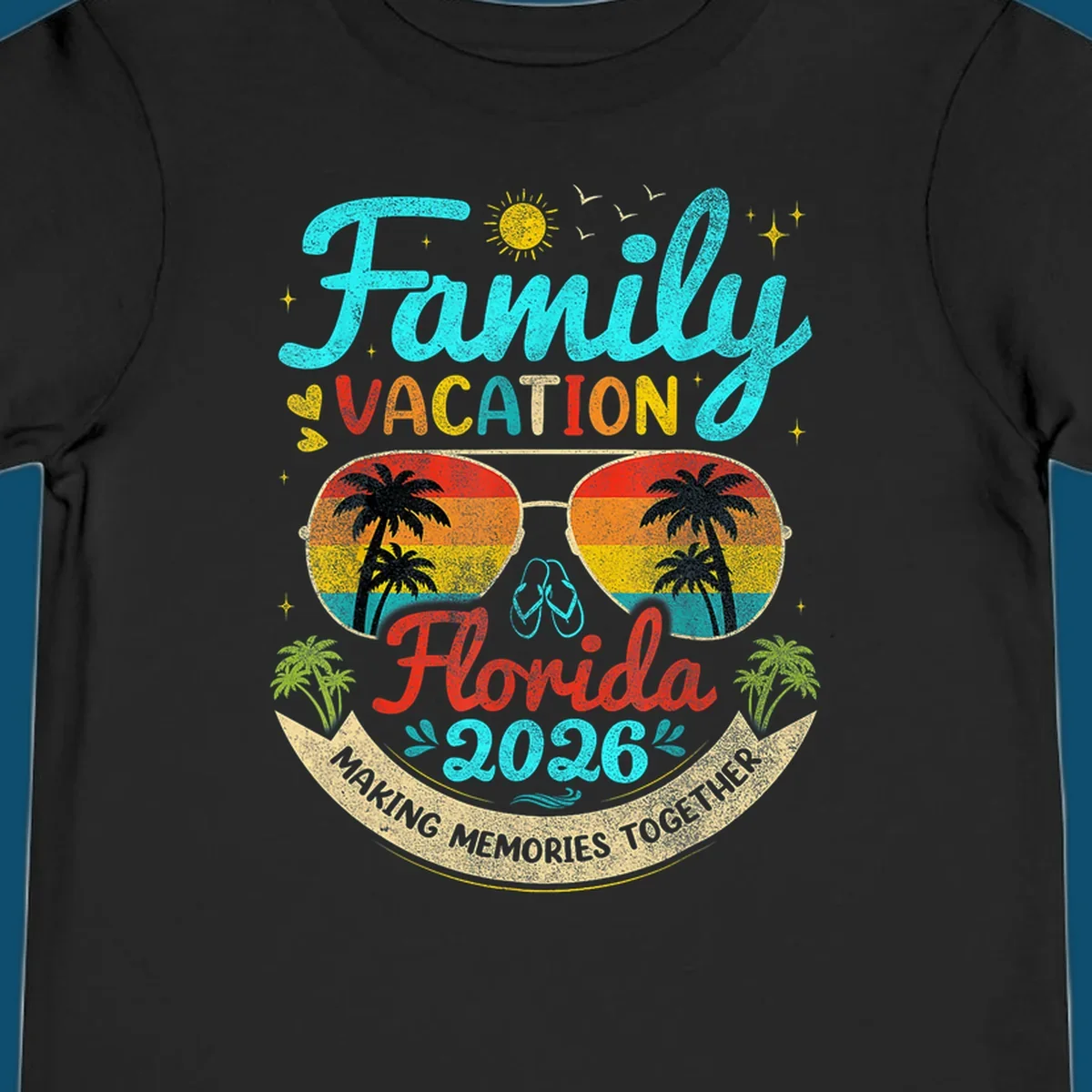 A vibrant family Florida vacation 2026 design featuring large text, sunglasses with palm trees, and a banner.