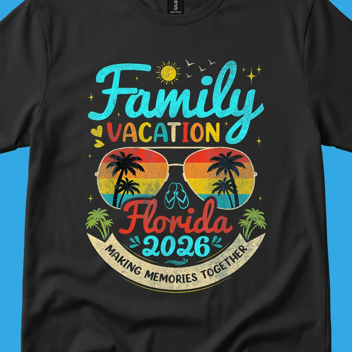 A vibrant family Florida vacation 2026 design featuring large text, sunglasses with palm trees, and a banner.