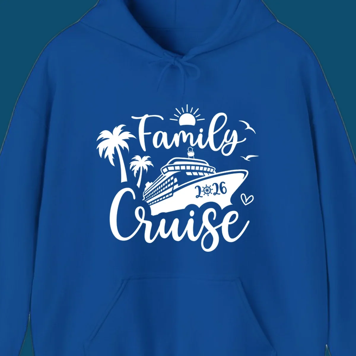 A 'Family Cruise 2026' design with a cruise ship, palm trees, sun, birds, and a heart, perfect for family-cruise-2026.