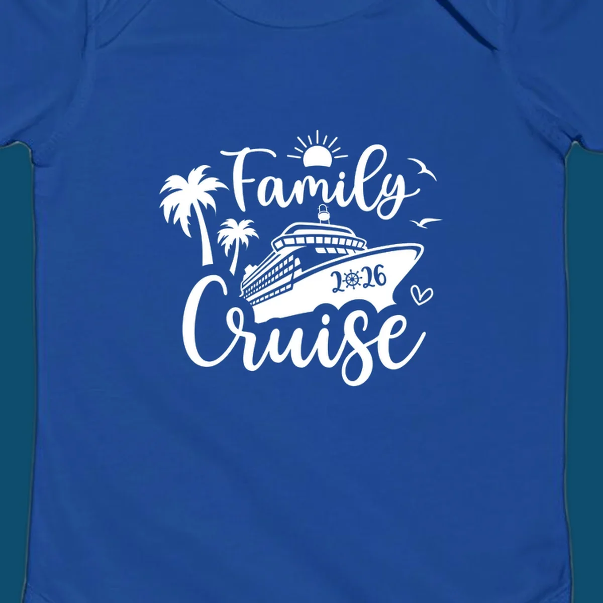 A 'Family Cruise 2026' design with a cruise ship, palm trees, sun, birds, and a heart, perfect for family-cruise-2026.