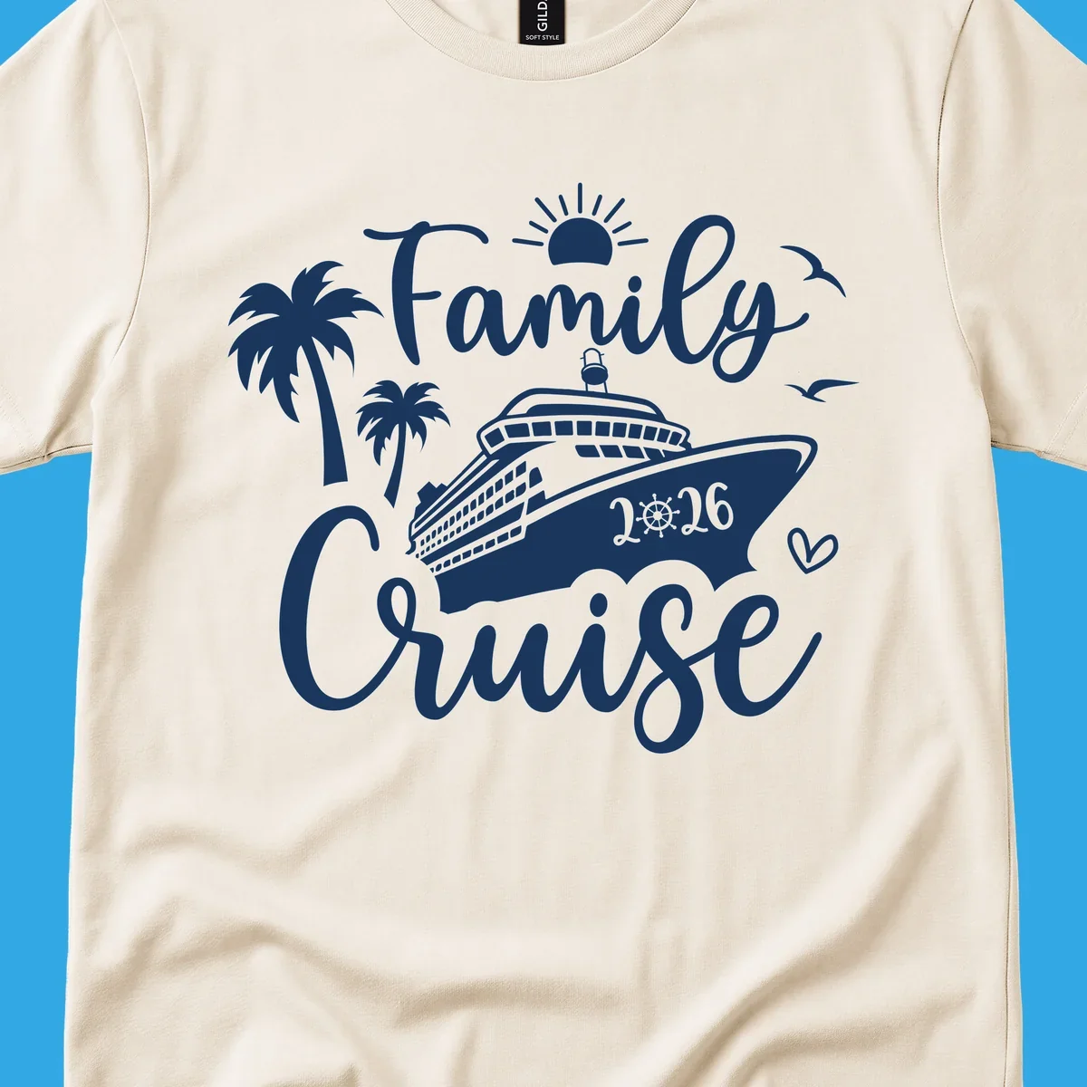 A 'Family Cruise 2026' design with a cruise ship, palm trees, sun, birds, and a heart, perfect for family-cruise-2026.