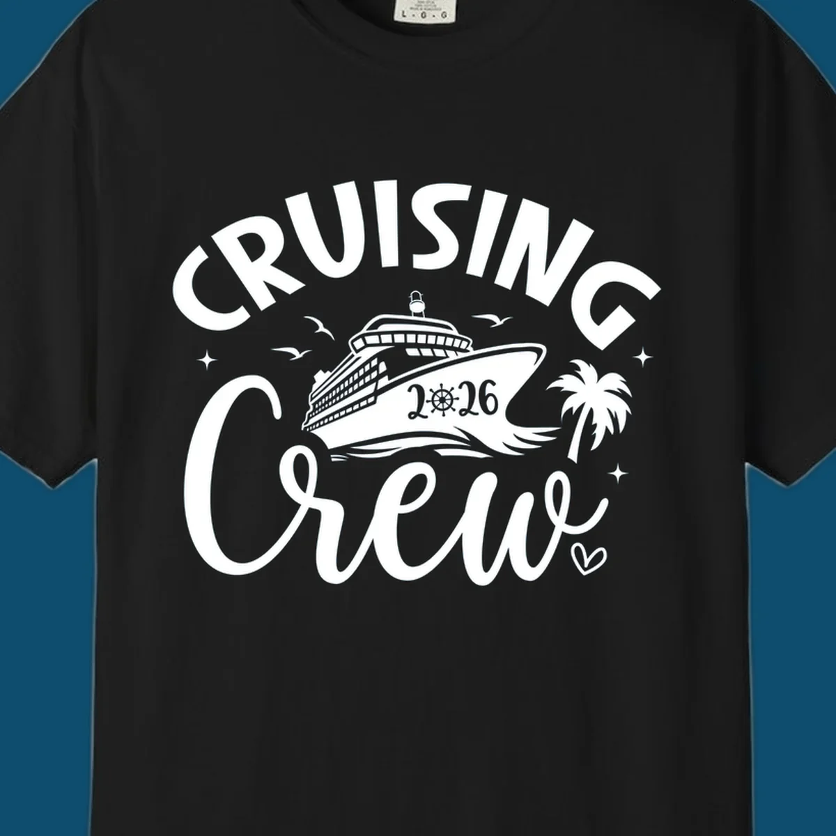 A white or navy graphic design for Cruising Crew 2026, featuring a cruise ship, palm tree, and seagulls.