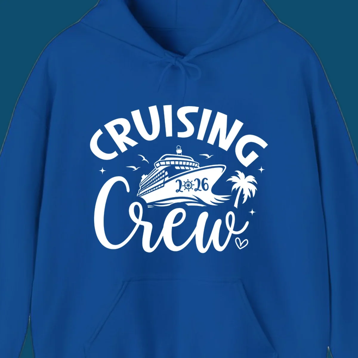 A white or navy graphic design for Cruising Crew 2026, featuring a cruise ship, palm tree, and seagulls.
