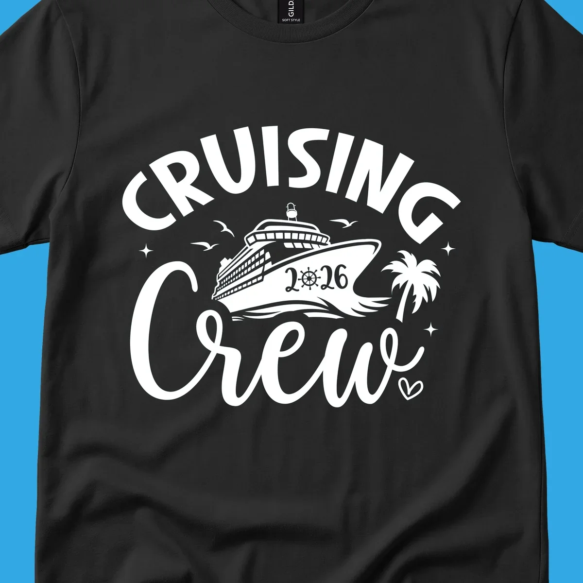 A white or navy graphic design for Cruising Crew 2026, featuring a cruise ship, palm tree, and seagulls.