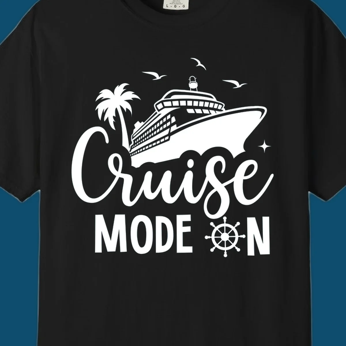 A graphic of a cruise ship, palm tree, seagulls, and stars with 'Cruise MODE ON' text and a ship's wheel, illustrating the cruise-mode-on concept.