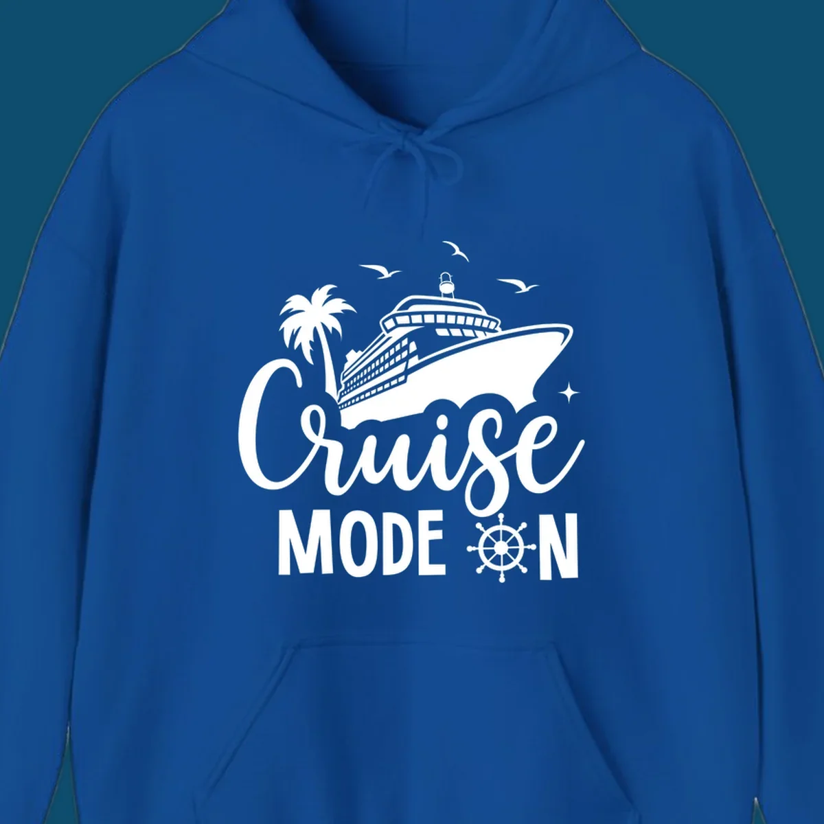 A graphic of a cruise ship, palm tree, seagulls, and stars with 'Cruise MODE ON' text and a ship's wheel, illustrating the cruise-mode-on concept.
