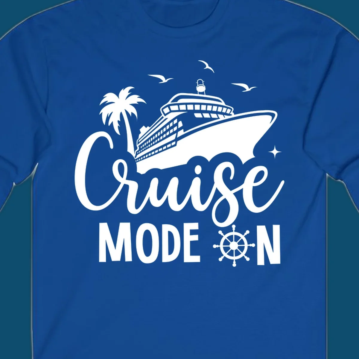 A graphic of a cruise ship, palm tree, seagulls, and stars with 'Cruise MODE ON' text and a ship's wheel, illustrating the cruise-mode-on concept.