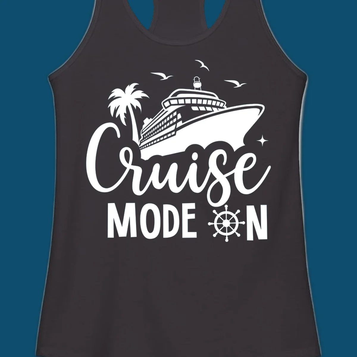 A graphic of a cruise ship, palm tree, seagulls, and stars with 'Cruise MODE ON' text and a ship's wheel, illustrating the cruise-mode-on concept.