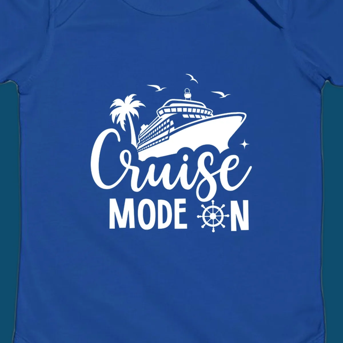 A graphic of a cruise ship, palm tree, seagulls, and stars with 'Cruise MODE ON' text and a ship's wheel, illustrating the cruise-mode-on concept.