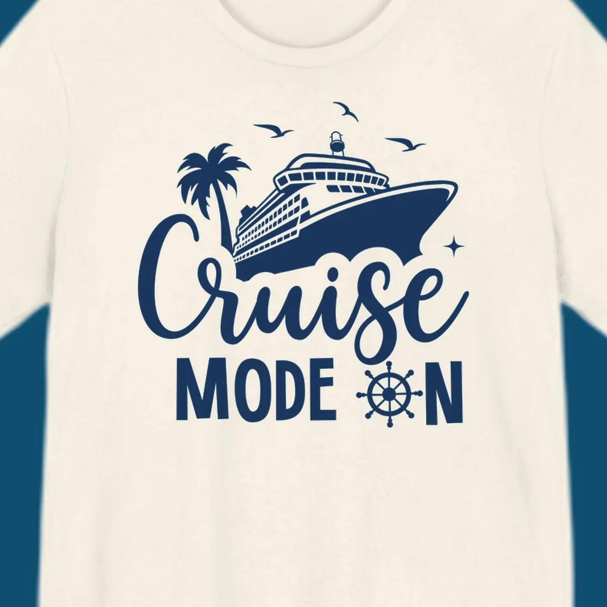 A graphic of a cruise ship, palm tree, seagulls, and stars with 'Cruise MODE ON' text and a ship's wheel, illustrating the cruise-mode-on concept.