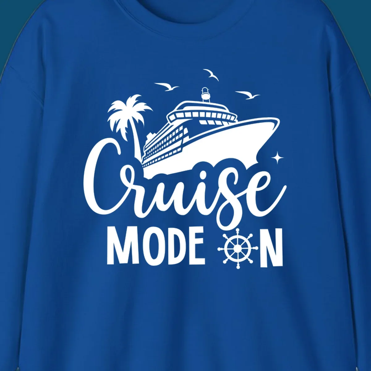 A graphic of a cruise ship, palm tree, seagulls, and stars with 'Cruise MODE ON' text and a ship's wheel, illustrating the cruise-mode-on concept.