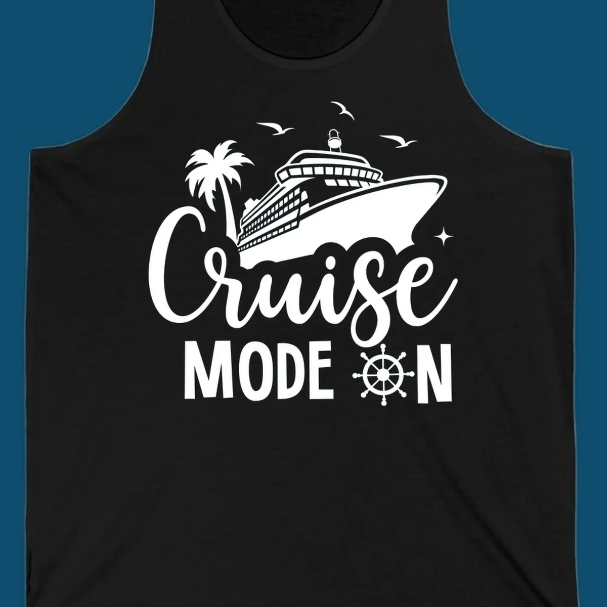 A graphic of a cruise ship, palm tree, seagulls, and stars with 'Cruise MODE ON' text and a ship's wheel, illustrating the cruise-mode-on concept.