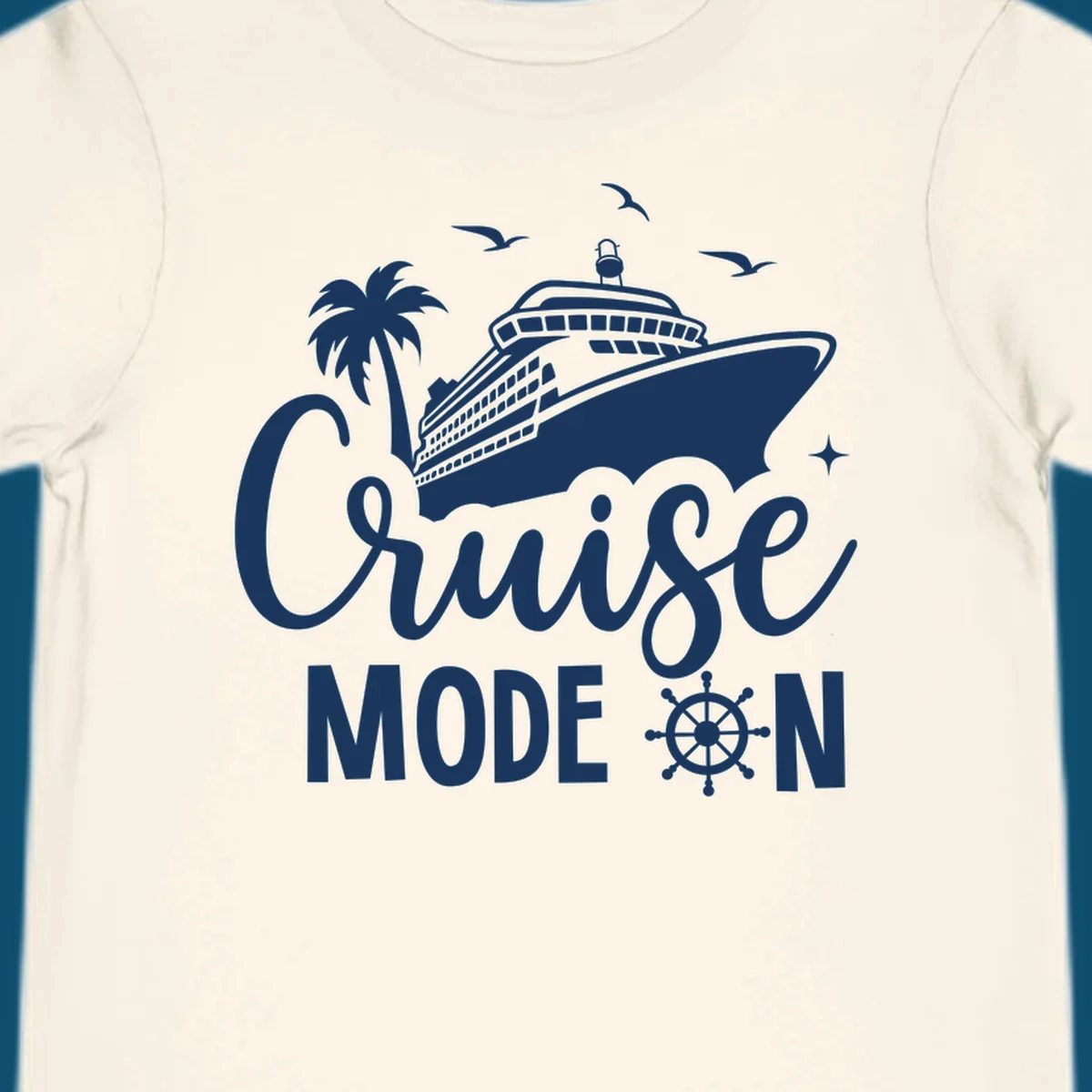 A graphic of a cruise ship, palm tree, seagulls, and stars with 'Cruise MODE ON' text and a ship's wheel, illustrating the cruise-mode-on concept.