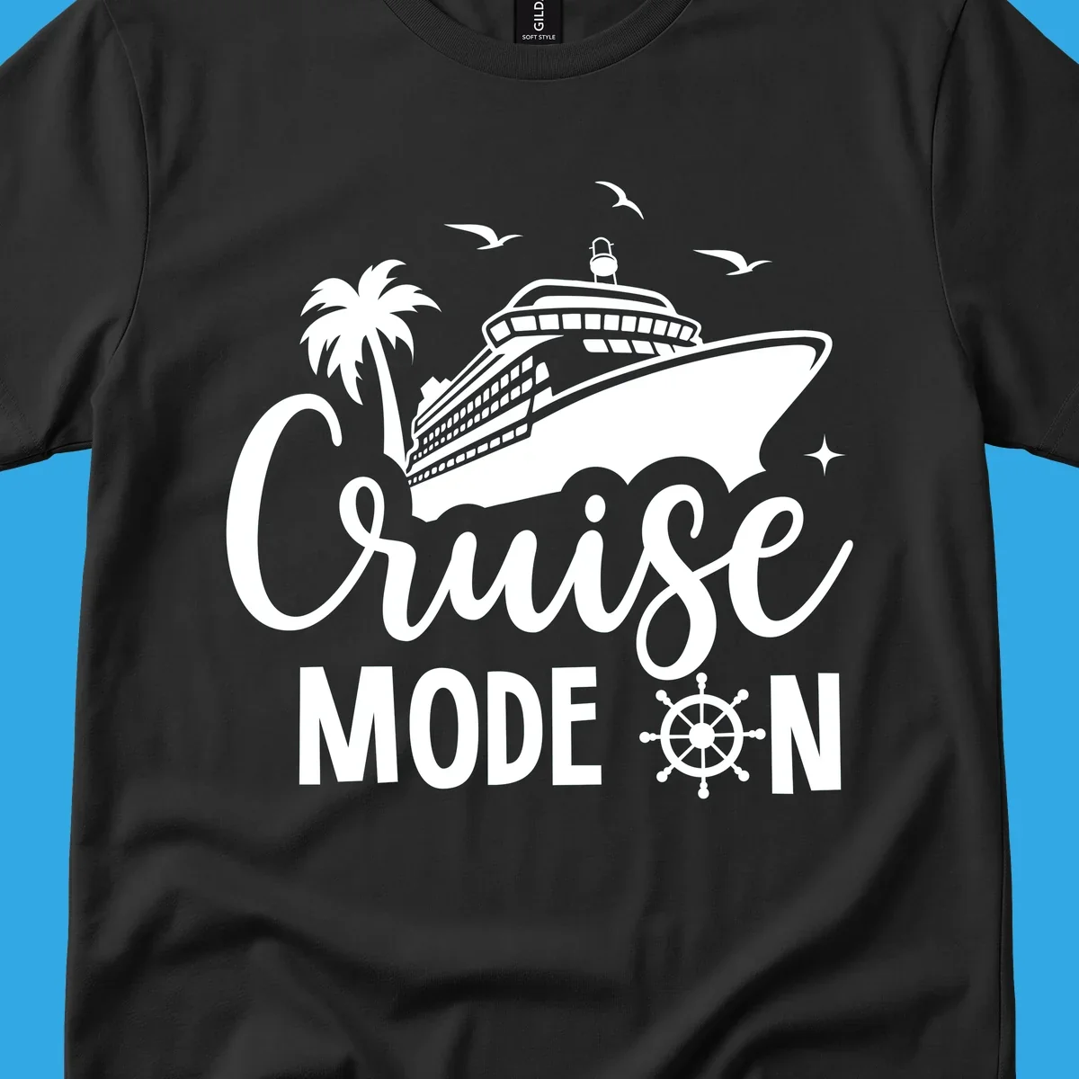 A graphic of a cruise ship, palm tree, seagulls, and stars with 'Cruise MODE ON' text and a ship's wheel, illustrating the cruise-mode-on concept.