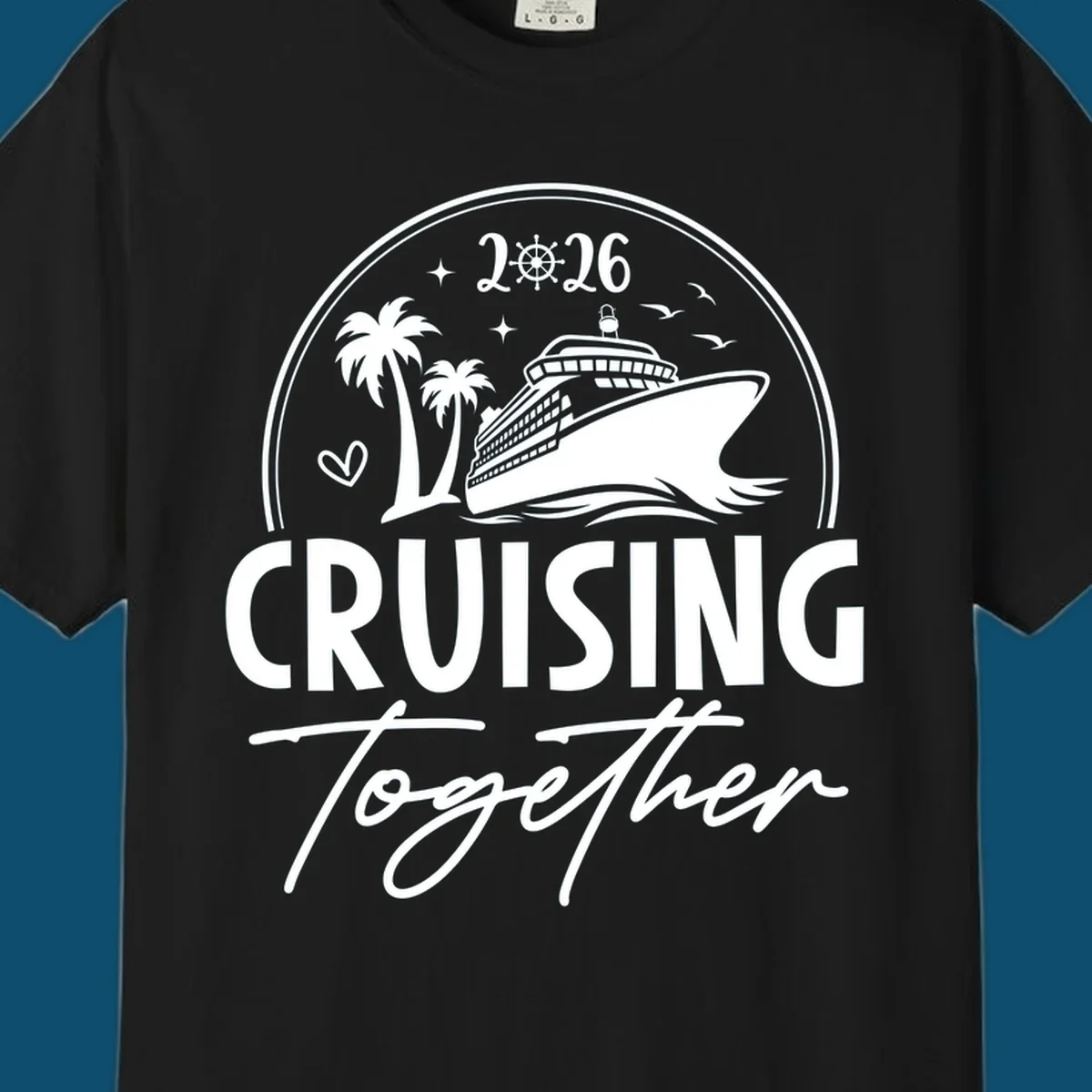 A round badge design with a cruise ship, palm trees, and the text 'CRUISING Together 2026'.