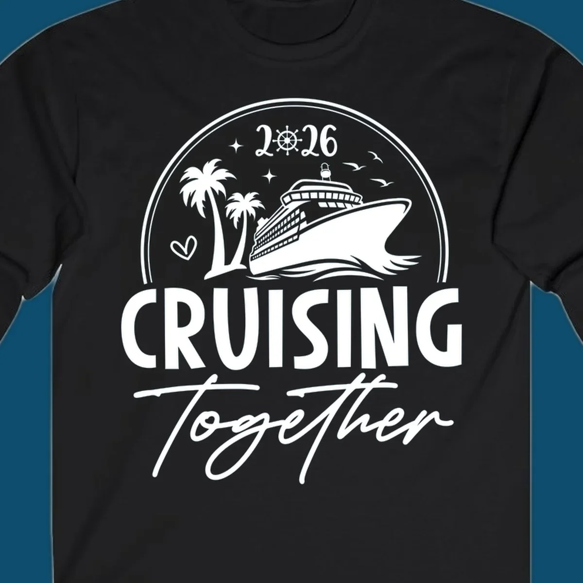 A round badge design with a cruise ship, palm trees, and the text 'CRUISING Together 2026'.