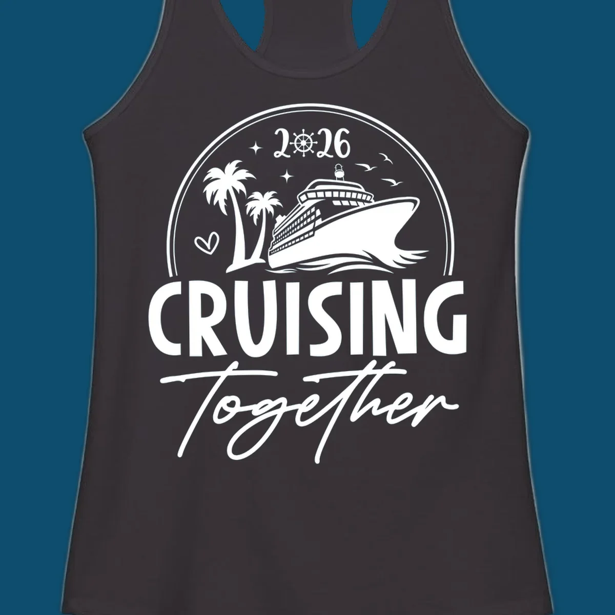 A round badge design with a cruise ship, palm trees, and the text 'CRUISING Together 2026'.