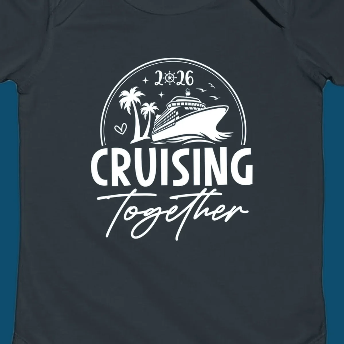 A round badge design with a cruise ship, palm trees, and the text 'CRUISING Together 2026'.