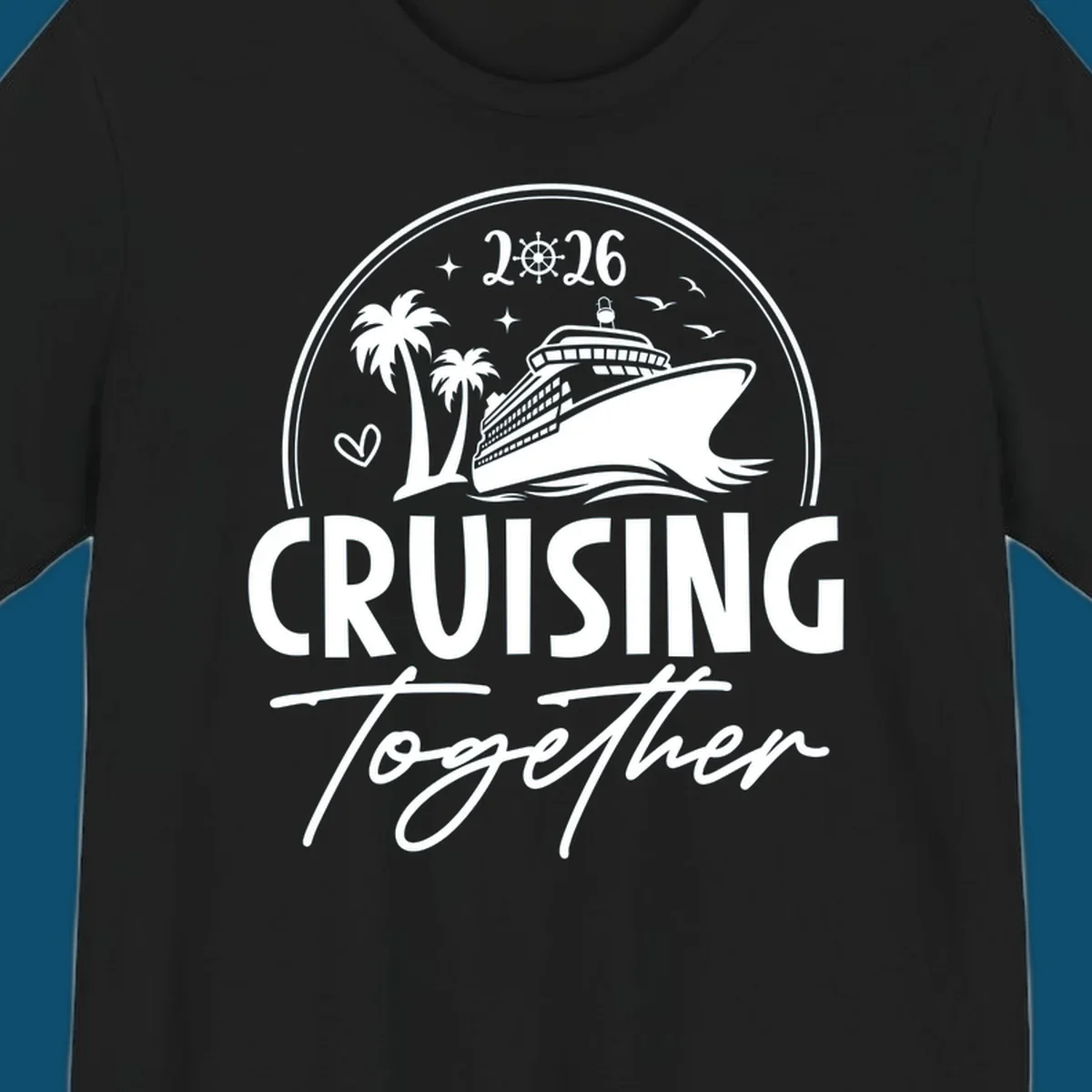 A round badge design with a cruise ship, palm trees, and the text 'CRUISING Together 2026'.