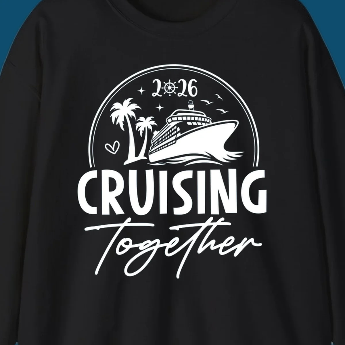 A round badge design with a cruise ship, palm trees, and the text 'CRUISING Together 2026'.