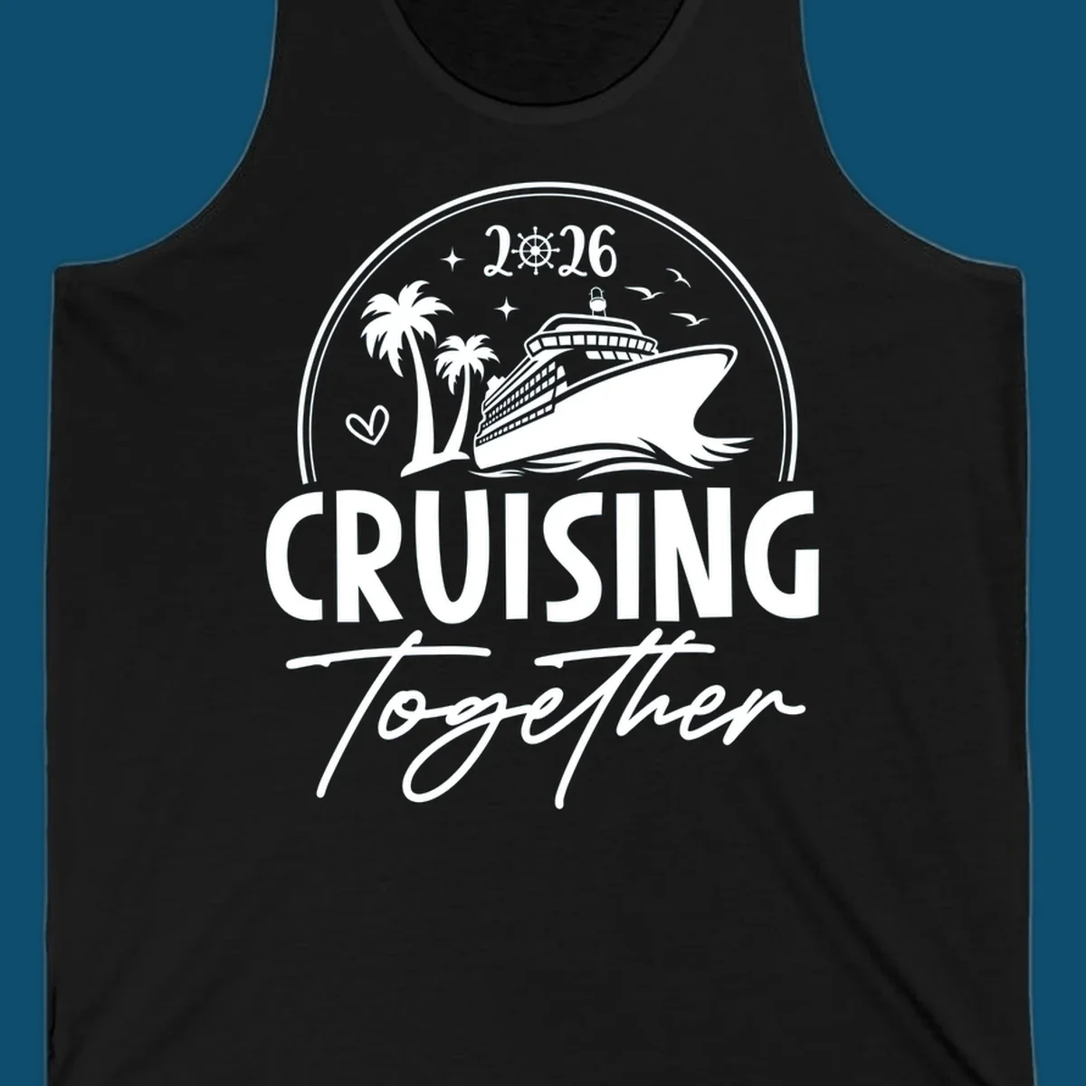 A round badge design with a cruise ship, palm trees, and the text 'CRUISING Together 2026'.