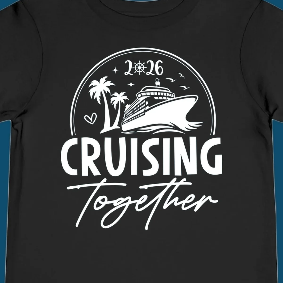 A round badge design with a cruise ship, palm trees, and the text 'CRUISING Together 2026'.
