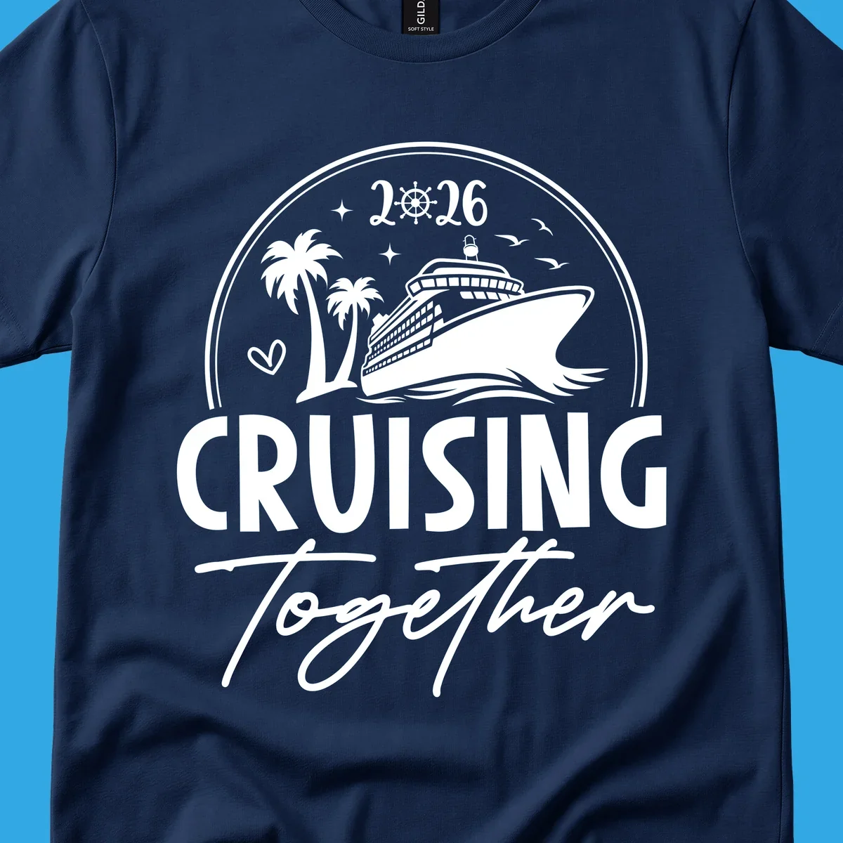 A round badge design with a cruise ship, palm trees, and the text 'CRUISING Together 2026'.