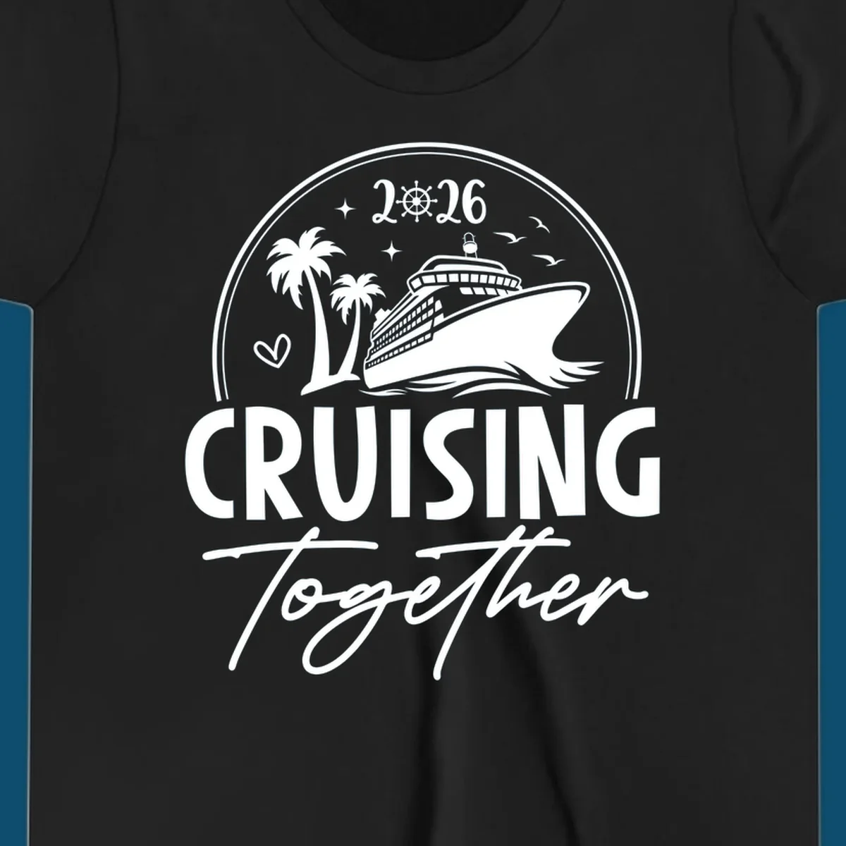 A round badge design with a cruise ship, palm trees, and the text 'CRUISING Together 2026'.