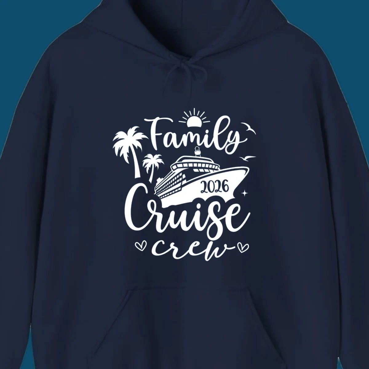 A white graphic design for a family cruise crew in 2026, featuring a cruise ship, palm trees, a sun, birds, stars, and hearts.