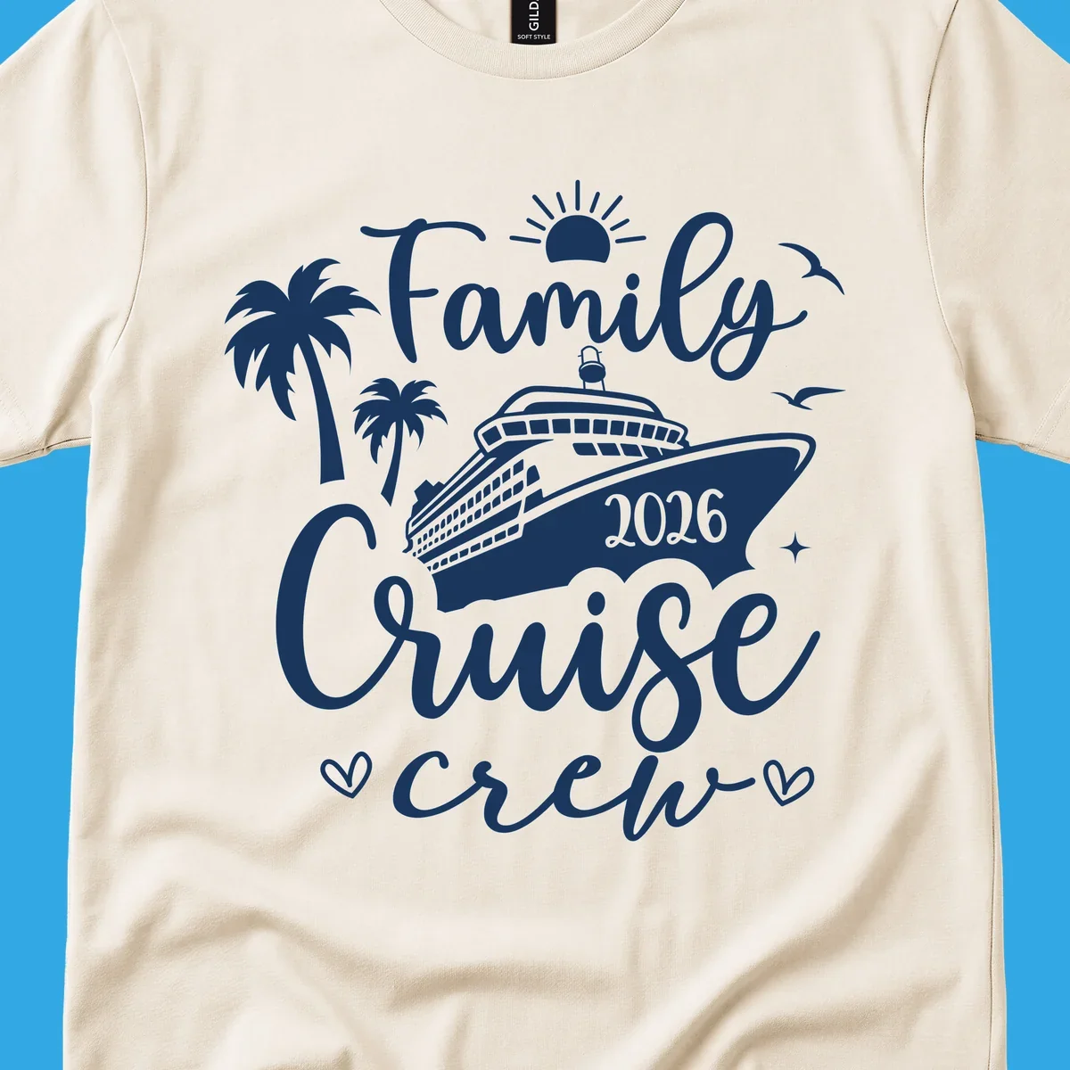 A white graphic design for a family cruise crew in 2026, featuring a cruise ship, palm trees, a sun, birds, stars, and hearts.