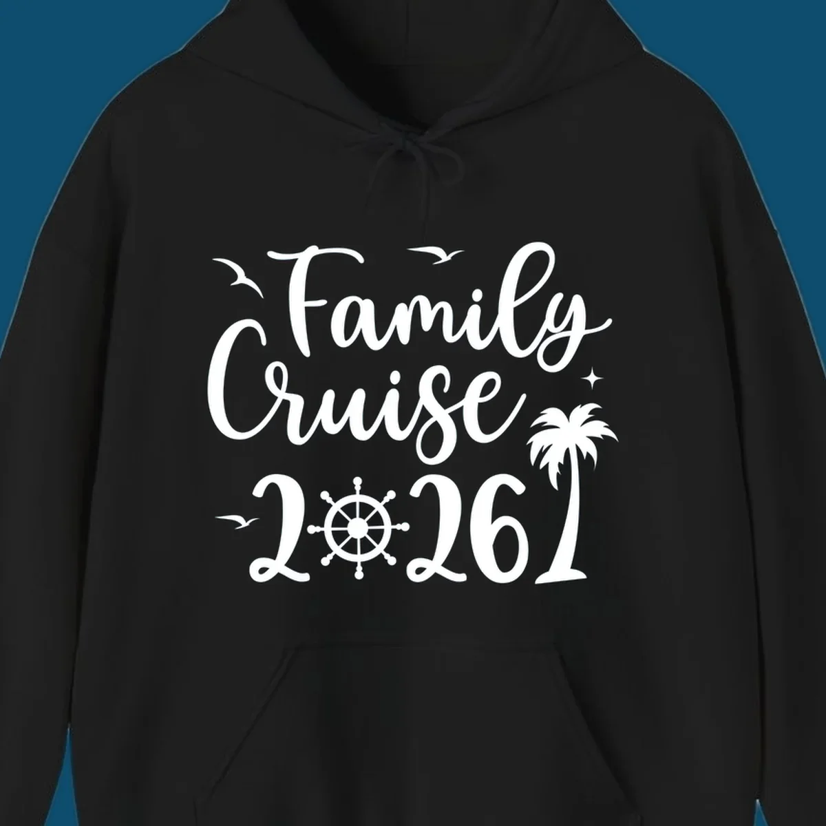 A "Family Cruise 2026" design with birds, a ship's wheel, stars, and a palm tree, celebrating a family cruise.