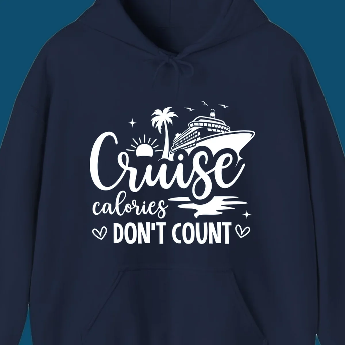 A design for a cruise shirt with a ship, palm tree, sun, and birds, and the text 'Cruise calories DON'T COUNT'.