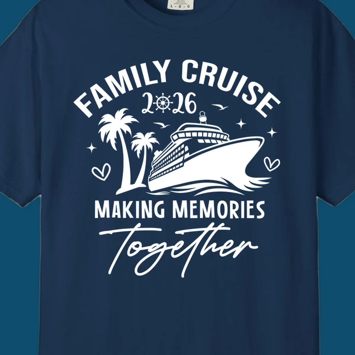 A design for a family cruise in 2026, showing a cruise ship, palm trees, and the text 'FAMILY CRUISE 2026 MAKING MEMORIES Together'.