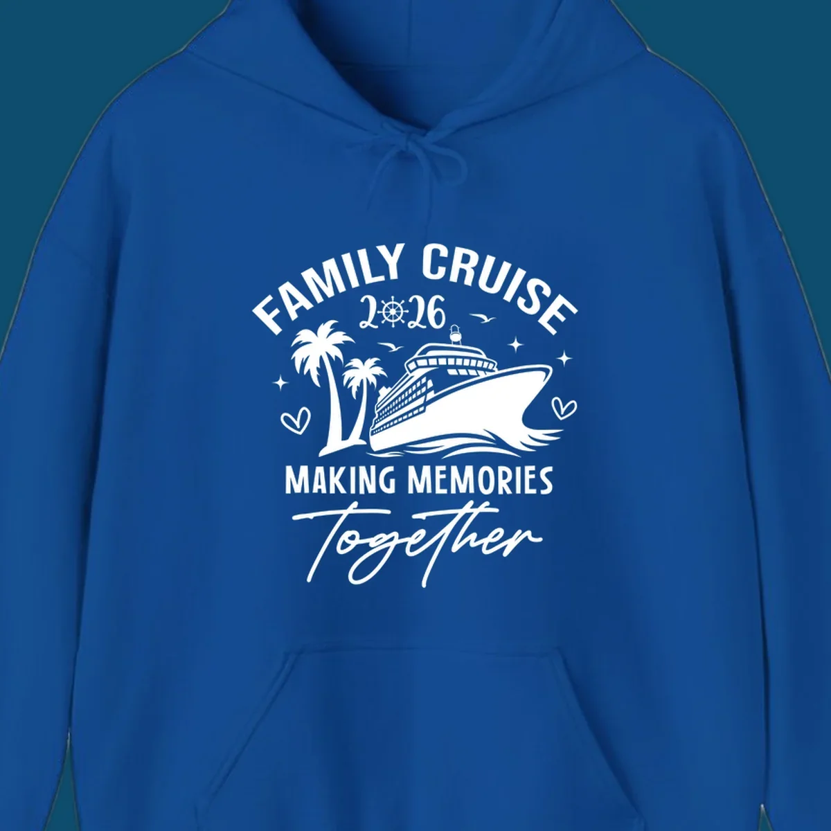 A design for a family cruise in 2026, showing a cruise ship, palm trees, and the text 'FAMILY CRUISE 2026 MAKING MEMORIES Together'.