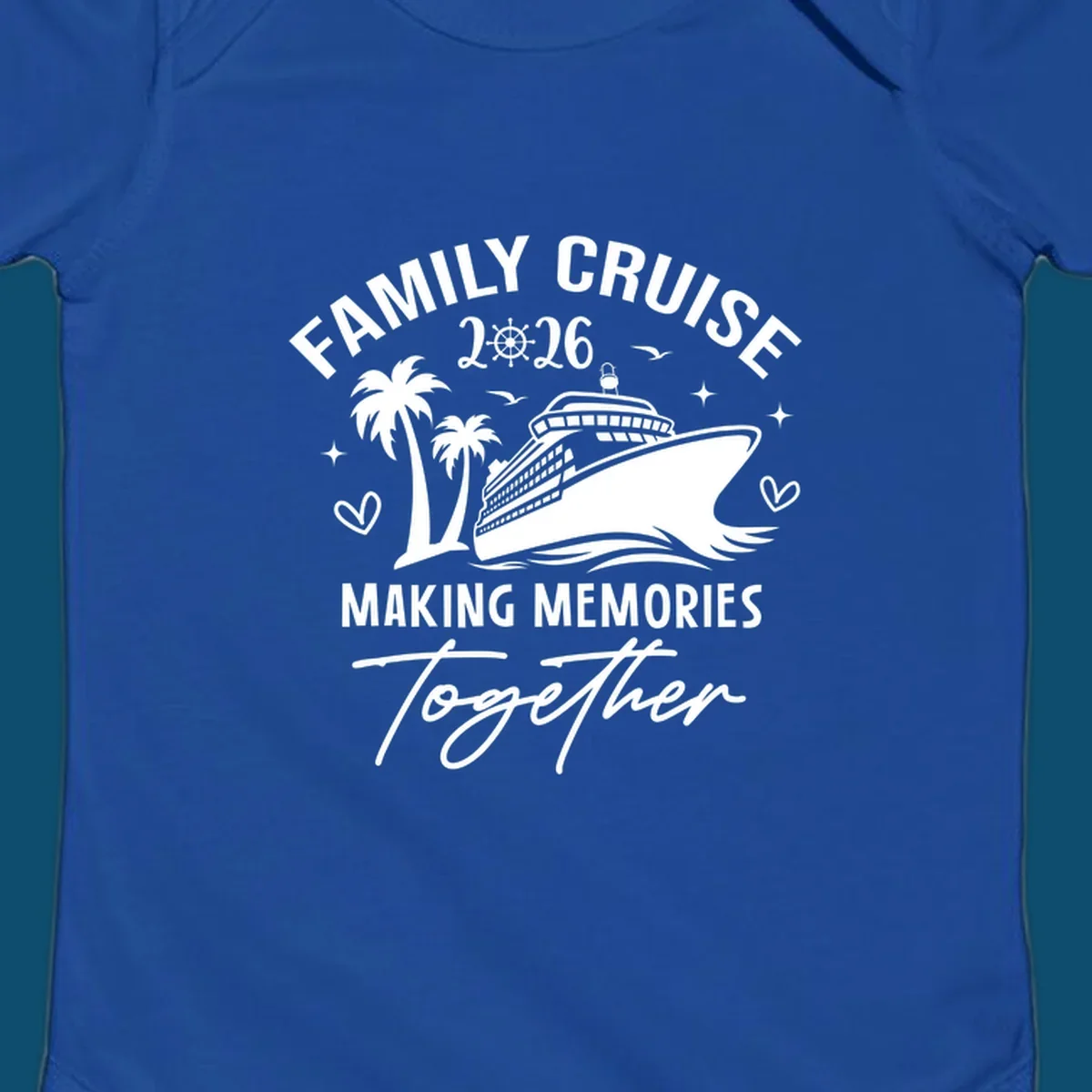 A design for a family cruise in 2026, showing a cruise ship, palm trees, and the text 'FAMILY CRUISE 2026 MAKING MEMORIES Together'.