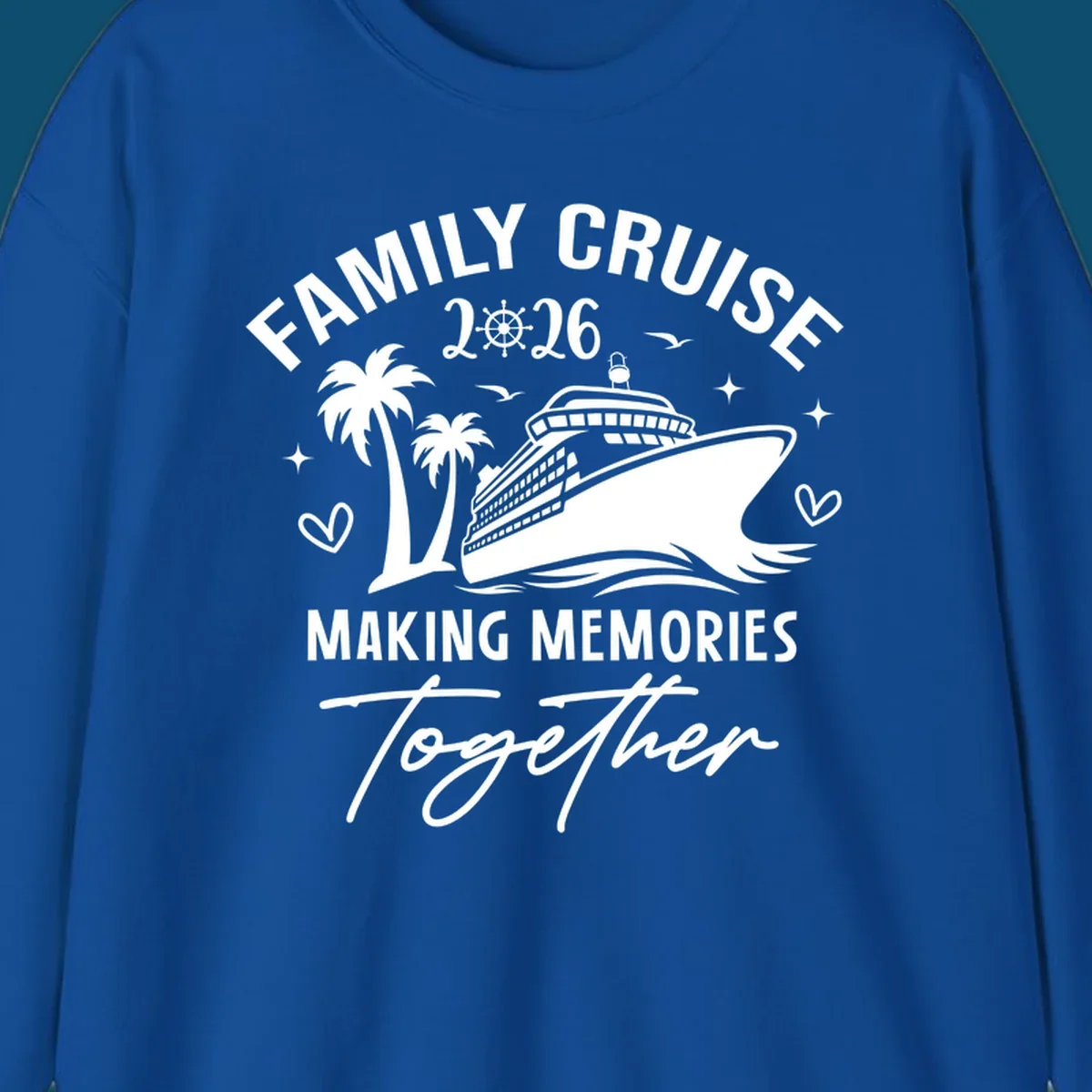 A design for a family cruise in 2026, showing a cruise ship, palm trees, and the text 'FAMILY CRUISE 2026 MAKING MEMORIES Together'.