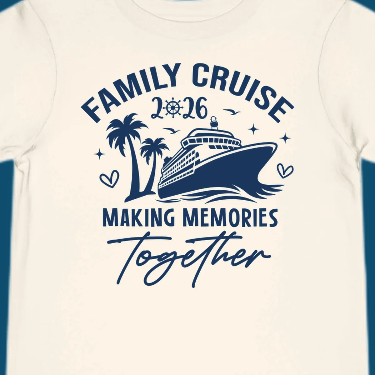 A design for a family cruise in 2026, showing a cruise ship, palm trees, and the text 'FAMILY CRUISE 2026 MAKING MEMORIES Together'.