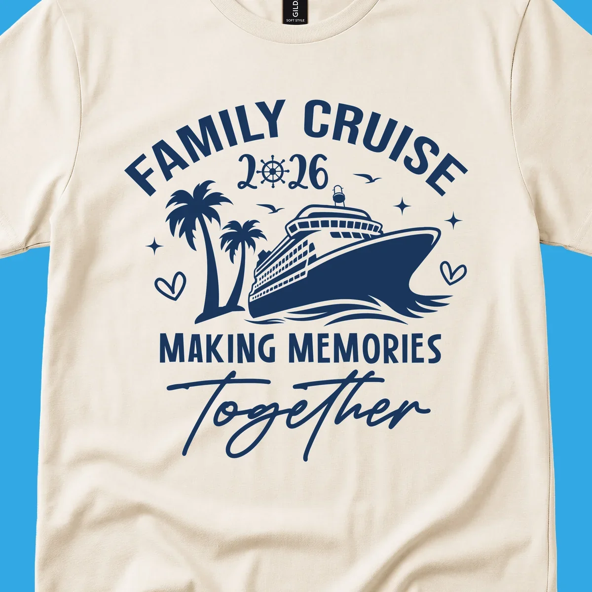 A design for a family cruise in 2026, showing a cruise ship, palm trees, and the text 'FAMILY CRUISE 2026 MAKING MEMORIES Together'.