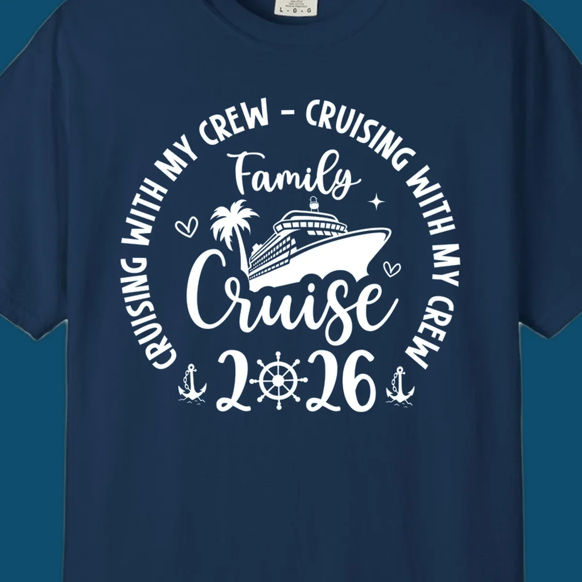 A white and navy graphic for a family cruise in 2026, featuring a cruise ship, palm tree, and nautical elements.