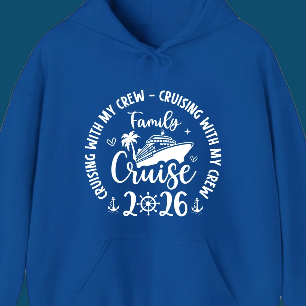 A white and navy graphic for a family cruise in 2026, featuring a cruise ship, palm tree, and nautical elements.