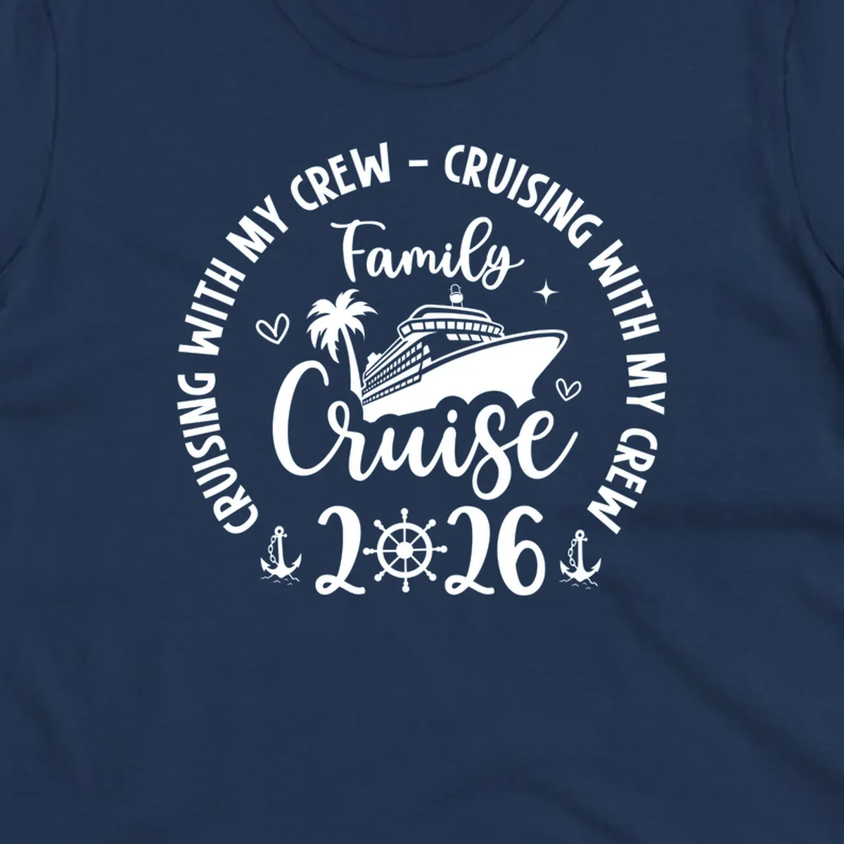 A white and navy graphic for a family cruise in 2026, featuring a cruise ship, palm tree, and nautical elements.