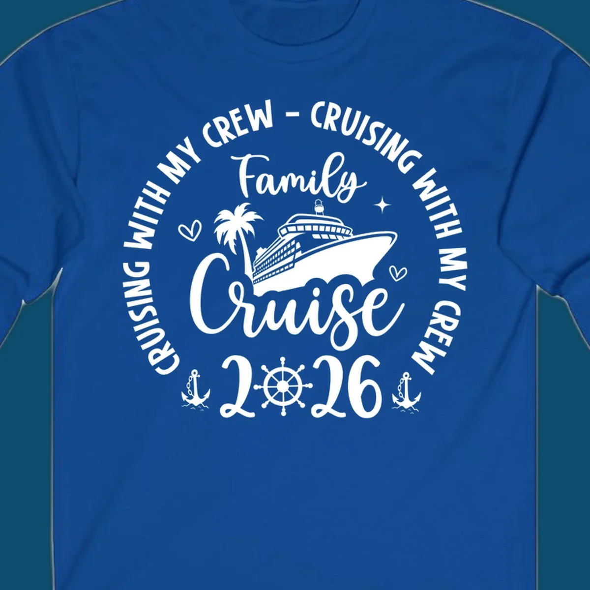 A white and navy graphic for a family cruise in 2026, featuring a cruise ship, palm tree, and nautical elements.