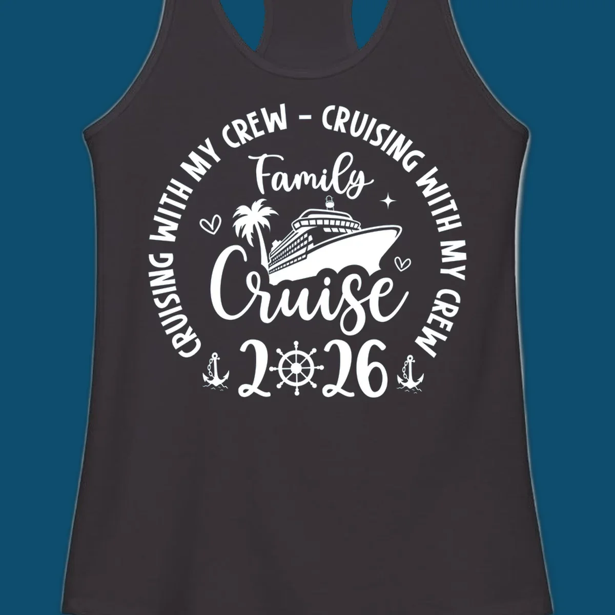 A white and navy graphic for a family cruise in 2026, featuring a cruise ship, palm tree, and nautical elements.