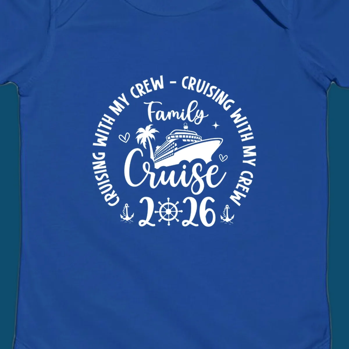 A white and navy graphic for a family cruise in 2026, featuring a cruise ship, palm tree, and nautical elements.