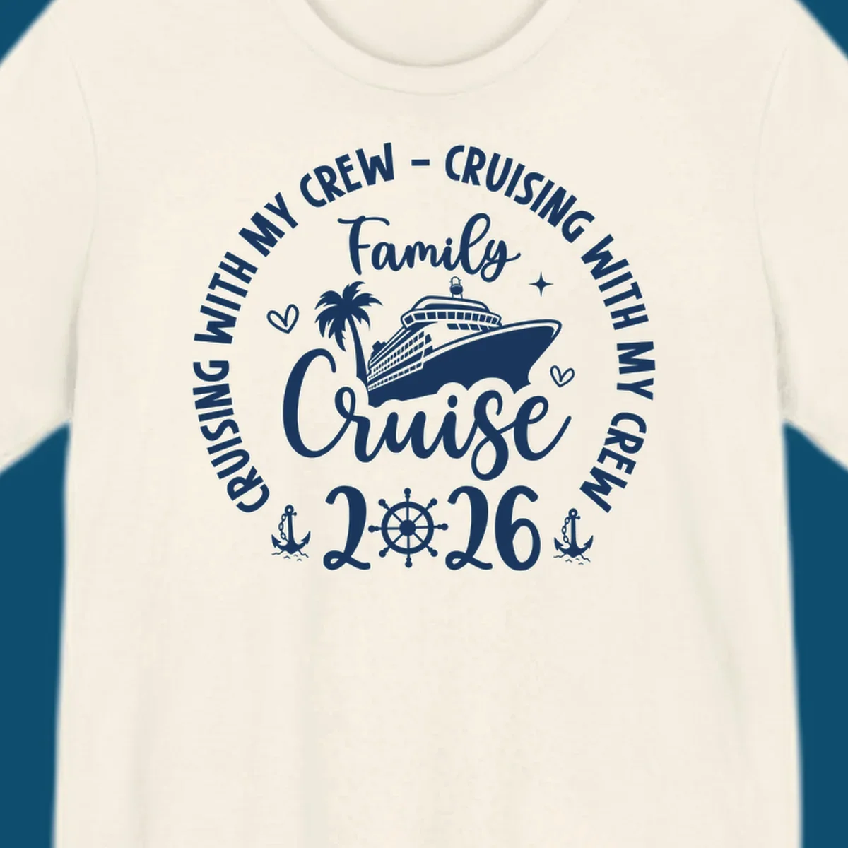A white and navy graphic for a family cruise in 2026, featuring a cruise ship, palm tree, and nautical elements.