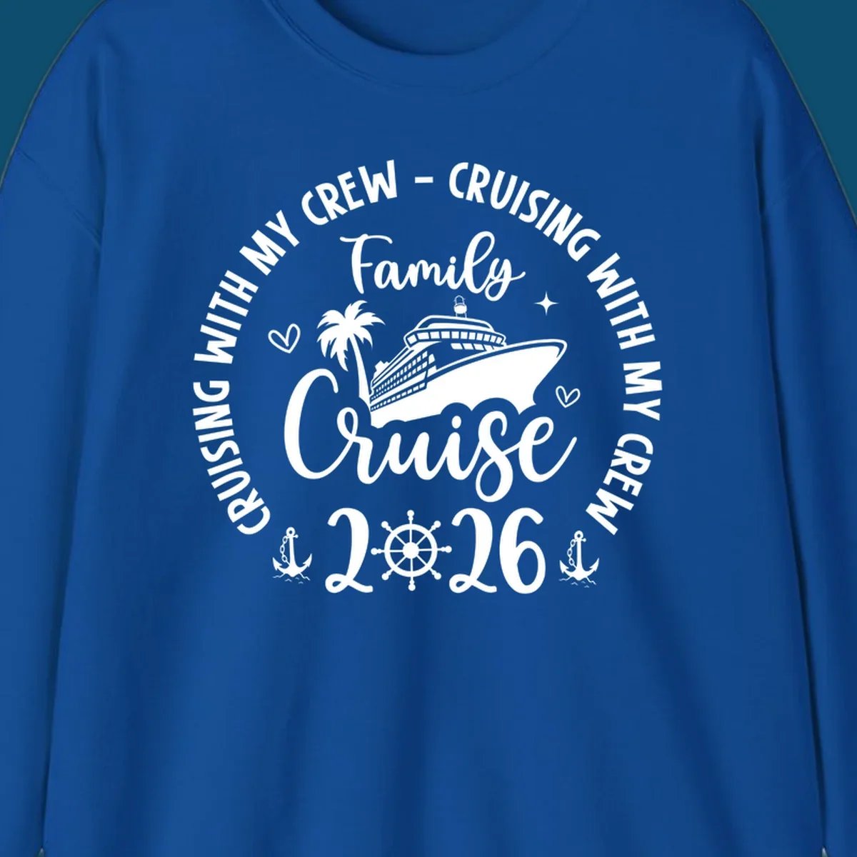 A white and navy graphic for a family cruise in 2026, featuring a cruise ship, palm tree, and nautical elements.