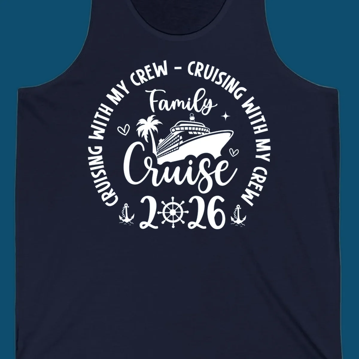A white and navy graphic for a family cruise in 2026, featuring a cruise ship, palm tree, and nautical elements.