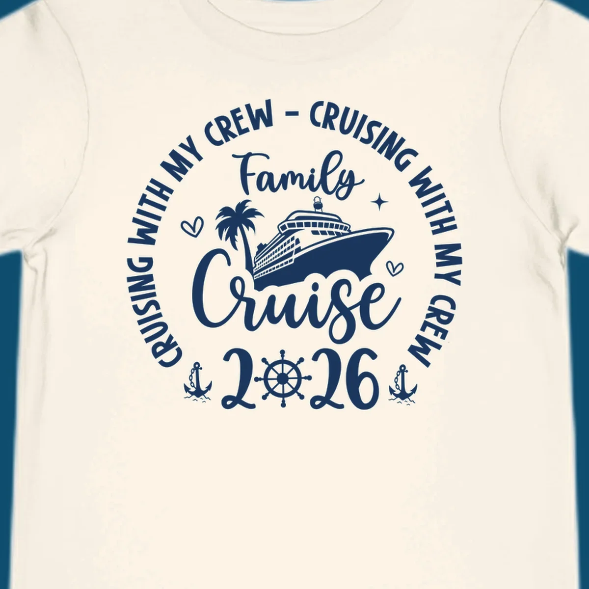 A white and navy graphic for a family cruise in 2026, featuring a cruise ship, palm tree, and nautical elements.