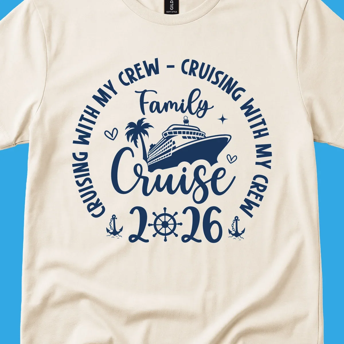 A white and navy graphic for a family cruise in 2026, featuring a cruise ship, palm tree, and nautical elements.
